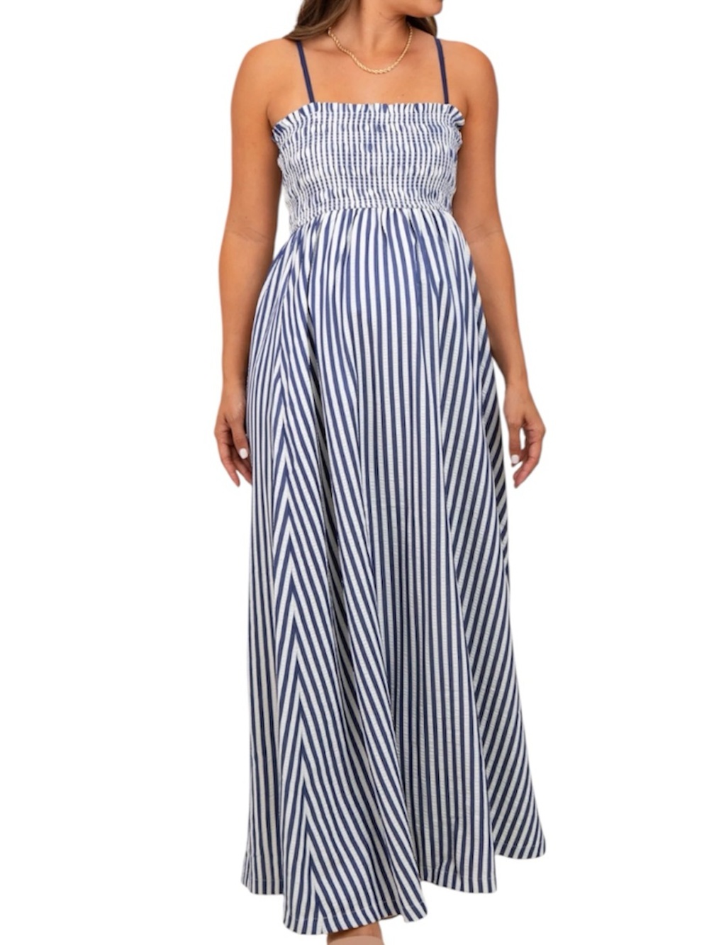 PinkBlush Maternity Blue White Striped Maxi Dress Smocked Sleeveless Size Large